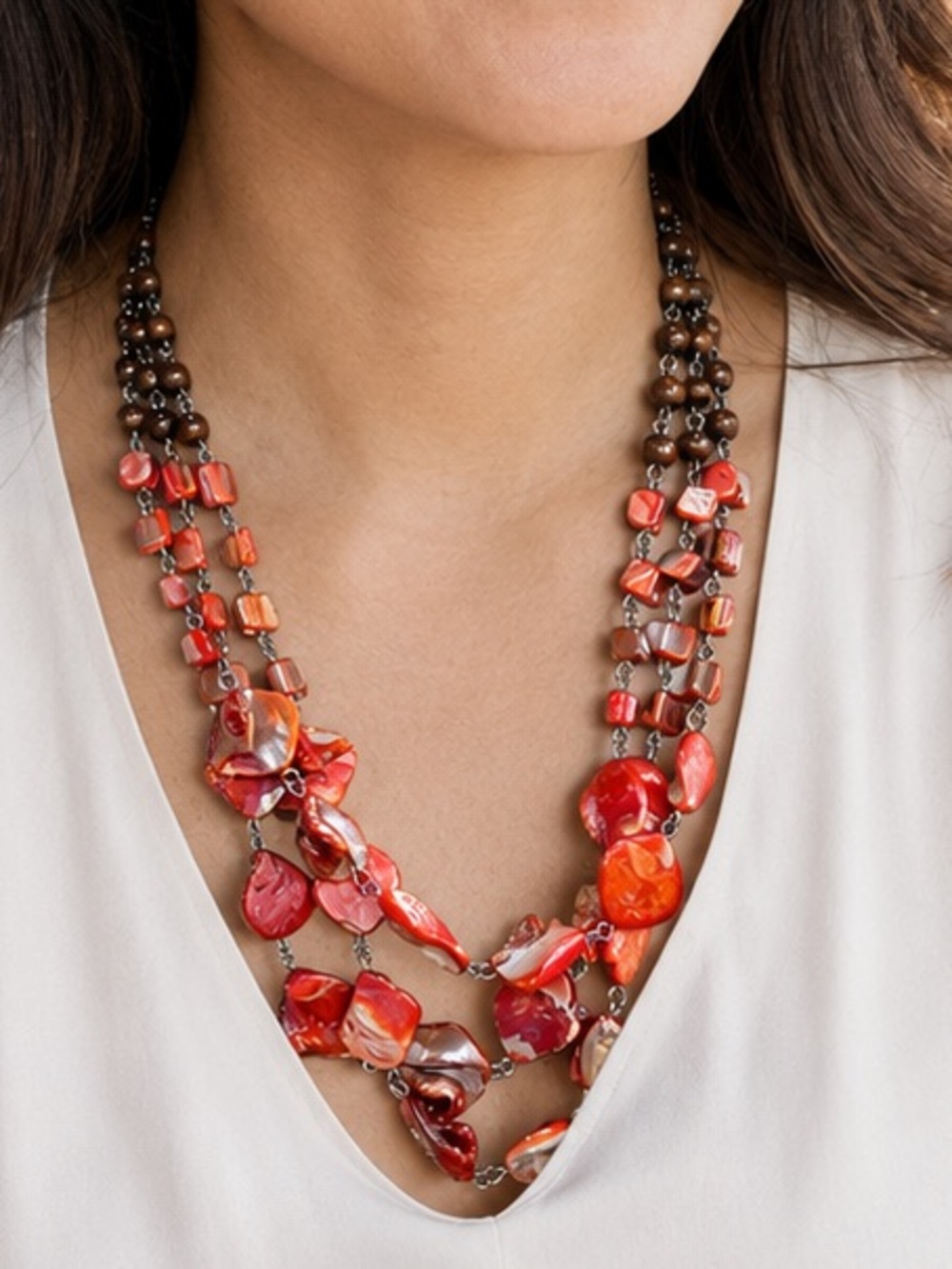 Vintage 18” Brown Bead Red Orange Multi Strand Statement Necklace